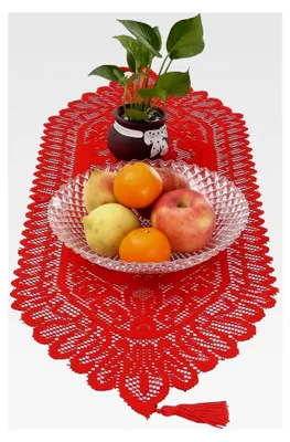 Produktbild von Roter Hohlschnitt Tischläufer mit Vintage Blumenmuster, elegante Makramee Tischdecke im Boho-Stil mit Quasten, Landhausstil Tischtuch für Esstischdekoration zu Hochzeit und Weihnachten 88x33 cm