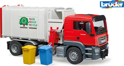 A toy garbage truck with two small trash bins in front of it, set against a white background.