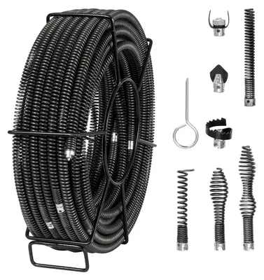 Produktbild von SucceBuy Rohrreinigungsspirale 30 m x 16 mm, professionelles Reinigungskabel mit 7 Schneidwerkzeugen für 20-100 mm Rohre, Hohlkern-Spirale für Spüle, Bodenablauf und Toilette