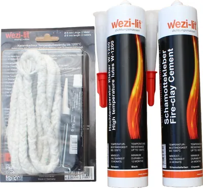 Produktbild von Ofenschnur Ø 8mm 2m + Schnurkleber + Dichtmasse W-1200 hitzebeständig bis 1200° + Schamottkleber 1000°