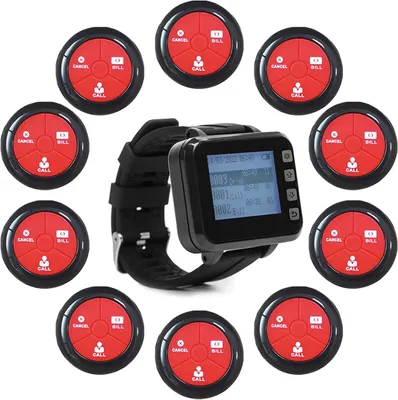 Immagine prodotto di Sistema di chiamata wireless per ristoranti, localizzatori per operatori sanitari, con 10 pulsanti di chiamata impermeabili e 1 ricevitore con display a orologio. Allarme di emergenza per anziani