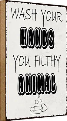 Produktbild von Holzschild Hinweis 20x30cm wash your hands filthy animal