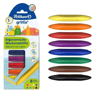 Produktbild von Pelikan Griffix, 8 Stück(e), Schwarz, Blau, Braun, Grün, Orange, Rot, Violett, Gelb, Dreieck, Wachs, Junge/Mädchen, Motor skills training