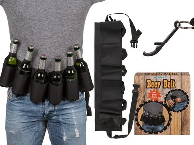 A person wearing a beer belt with six bottles of beer. The product is shown on a white background with other product packaging and accessories.
