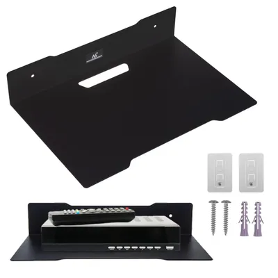 A black metal wall shelf for a decoder or similar electronic device, shown both mounted and on a shelf with a decoder and remote.