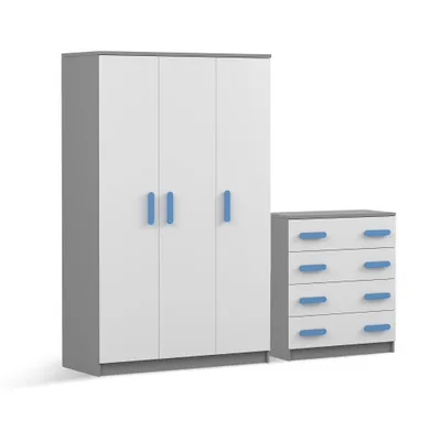 Produktbild von Drehtürenschrank und Kommode 2er-Set JONAS II 19/JONAS I 02 Grau/Weiß blaue Griffe