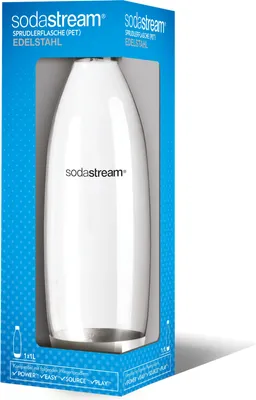 A SodaStream PET bottle is shown inside its retail packaging.