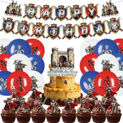 Produktbild von Party-Dekorationsset Ritter 32 Teile Banner Kuchen-Deko Ballons Weiß