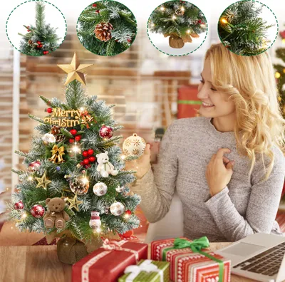 Zdjęcie produktu dla Sztuczna choinka LZQ 60 cm z 30 diodami LED i 4 szyszkami sosnowymi, 4 czerwonymi jagodami, sztuczna choinka z mini igieł sosnowych, choinka stołowa, dekoracja świąteczna, jodła, materiał PVC, w tym drewniana podstawa