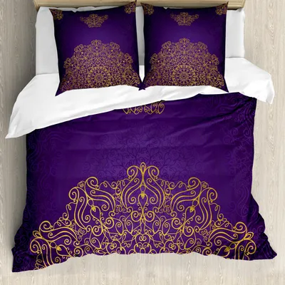 Zdjęcie produktu dla Zestaw pościeli ABAKUHAUS Mandala, wzór vintage z orientalnymi motywami osmańskimi, wzór wirujący, 155 x 220 cm + 80 x 80 cm, fioletowo-żółty