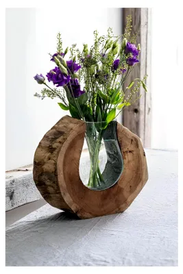 Produktbild von Vase aus Wurzelholz und Glas, balinesische Handwerkskunst, Glasvase in Holzscheibe, Blumenvase