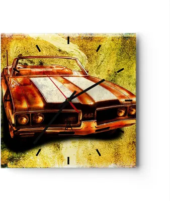 Produktbild von Wanduhr - Quadrat - Glasuhr - Auto Geschwindigkeit Cabriolet - 40x40cm - Schleichendes Uhrwerk - Lautlos - zum Aufhängen bereit - Dekoration Modern - Wanddekoration aus Glas - C3AC40x40-0531