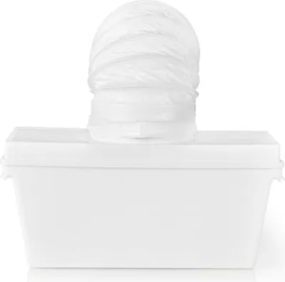 A white plastic container with a flexible white hose attached.