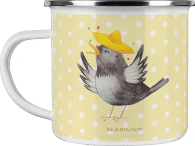 Produktbild von Mr. & Mrs. Panda Emaille Tasse Rabe Sombrero - Gelb Pastell - Geschenk, Kaffeepott, Glück Spruch, Vogel, Becher, Teetasse, Lustige Sprüche, Vögel, Pott, Elster, Positiv