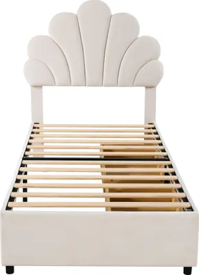 Produktbild von Merax Polsterbett 90x200cm mit Blumenform-Kopfteil, Kinderbett mit Lattenrost, Jugendbett mit 2 Schubladen, Einzelbett aus Samt, Beige