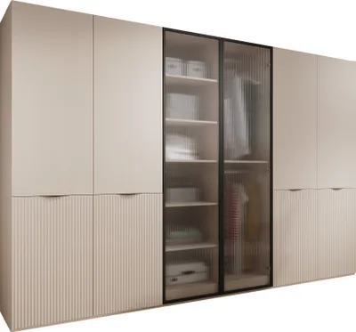 Produktbild von Drehtürenschrank mit Schubladen Falttürenschrank 6-türig Schrank mit Einlegeböden und Kleiderstange, Schlafzimmer  - Schrank Minewra 300- Beige Flutes