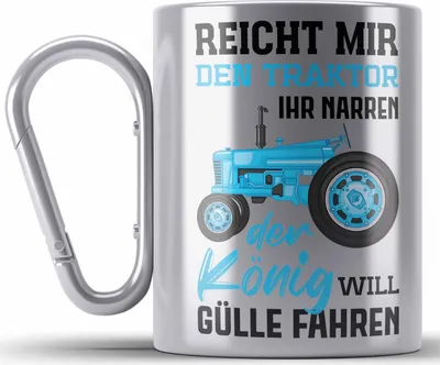 Produktbild von Trendation - Landwirt Spruch Geschenk Edelstahl Tasse Karabiner Landwirtschaft Geschenke für Männer Traktor Spruch Karabiner Edelstahl Tasse Karabiner Edelstahl Gülle Fahren (Silber)