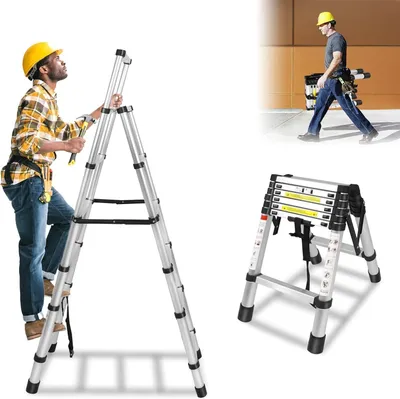 Zdjęcie produktu dla ACXIN drabina teleskopowa drabina składana 1,7m+2m, drabina aluminiowa 6+7 stopni, drabina wielofunkcyjna A-frame drabina przystawna udźwig 150 kg