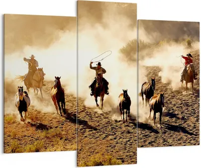 Produktbild von Bild auf Leinwand - Leinwandbild - Cowboys Pferde Galopp - 130x100cm - Wand Bild - Wanddeko - Leinwanddruck - Bilder - Kunstdruck - Wanddekoration - Leinwand bilder - Wandkunst - CB130x100-2693
