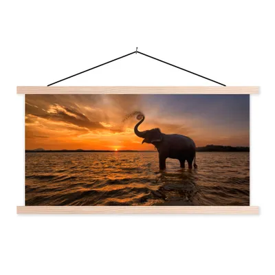 Produktbild von MuchoWow® Textilposter Elefant - Meer - Tiere - Sonnenuntergang - Orange 60x30 cm mit holzfarbenen Rahmen - Dekoration