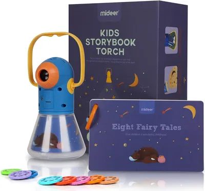 A children's storybook projector and its packaging are displayed on a white background, along with several colorful projection discs.