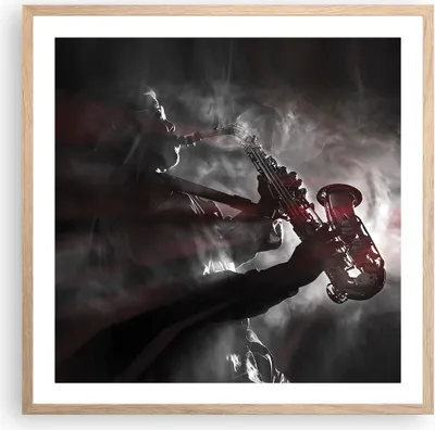 Produktbild von Gerahmtes Poster - Rahmen in heller Eiche - Musiker Saxophonist Schwarz - 60x60 cm - Wand Bild - Wanddeko - Wandbilder - Wandposter - Bilderrahmen - Bilder - Kunstdruck - Wandbild - P2NAC60x60-4276