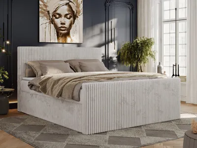 Produktbild von MKS MEBLE Boxspringbett Cord 160x200, Polsterbett Bett Cord, Boxspringbett mit Matratze H3, Bett 160x200 mit Bettkasten und Kopfteil, Doppelbett mit Stauraum, Topper T25 -Tiliano Duo - Hellgrau Cord - H3