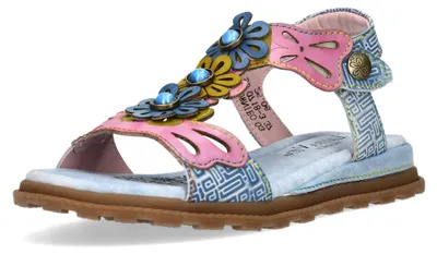 Produktbild von Laura Vita Damen Sandale mit T-Riemen und Blumenapplikationen Brownieo 03, Größe:39 EU, Farbe:Blau