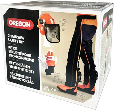The image shows the packaging of a chainsaw safety kit, displaying the contents and branding.