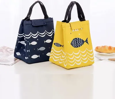Produktbild von 2er Pack Lunchbag, Lunchtasche klein, faltbare Isoliertasche, Thermotasche mit Folienfutter, Lunchbag für Reisen, Arbeit, Schule, Ausflug, Essenstransport (Blau + Gelb)
