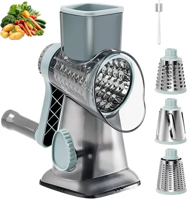 Produktbild von Käsereibe mit Kurbel, Gemüsehobel mit 3 austauschbaren Trommelklingen, Reibe Küche Schnelles Schneiden, Trommelreibe Geeignet für Gemüse, Obst, usw
