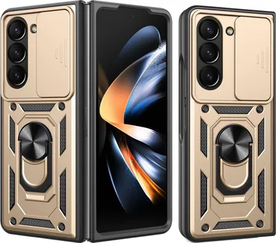 A gold protective case for a foldable smartphone is shown from multiple angles, with the phone's screen visible in the center.