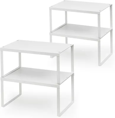 Produktbild von 4er-Set Küchenschrank-Organizer aus Metall, ausziehbare, stapelbare Gewürzregale mit rutschfesten Matten, Einsätze für Küchenschränke und Arbeitsplatten, weiß