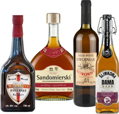 Produktbild von Setz von 4 Mets (Honigwein Dwójniak-Halber / 3x Trójniak-Drittel) |2750ml | 13-16% Alkohol Metwein | Polnische Produktion