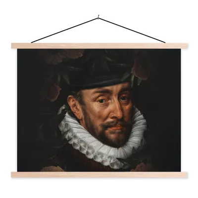 Produktbild von MuchoWow® Textilposter Wilhelm von Oranien - Adriaen Thomasz - Blumen 120x90 cm mit holzfarbenen Rahmen - Magnetisch