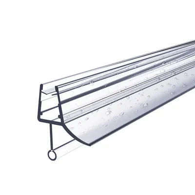 A close-up, angled view of a clear plastic shower door seal with water droplets on it, set against a white background.