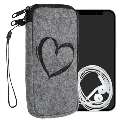 Produktbild von kwmobile Handytasche für Smartphones XL - 6,7/6,8" - Handy Filztasche - Herz Brush Schwarz Hellgrau - Innenmaße