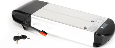 A product shot of an e-bike battery pack on a white background.