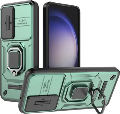 Produktbild von Hülle für Samsung Galaxy S23 Dual Layer Handyhülle Schiebe Kamera Schutz und Ringhalter Ständer Grün
