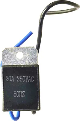 A close-up shot of an electrical component with wires attached, isolated on a white background.