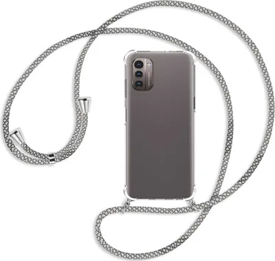 Produktbild von Handykette Backcover-Schutzhülle mit Band (Metall silberfarben) für Nokia G11 / G21 - weiß/grau kariert