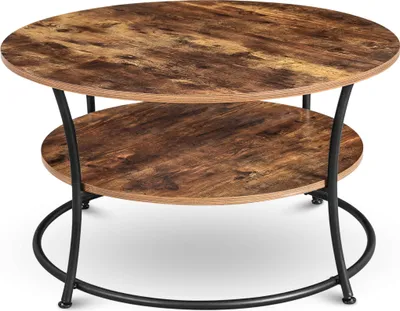 A two-tiered round coffee table with a wood-grain finish and black metal legs, presented against a white background.