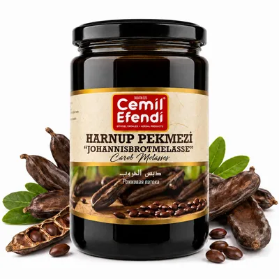 Produktbild von Johannisbrotmelasse aus Johannisbrotfrüchten, im Glas, KI-generiertes Bild