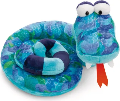 A plush toy snake coiled on a white background.
