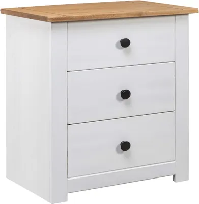 A white nightstand with a wooden top and three drawers with black knobs, shown against a white background.