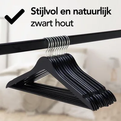 Produktbild von 10 Holz Kleiderbügel Schwarz - Bügelklammer - Knopf und Hosehalter - Metallischer Haken - Erwachsene - 10 Stücke - Schwarz