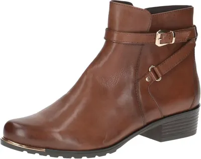 A single brown leather ankle boot is shown against a white background.