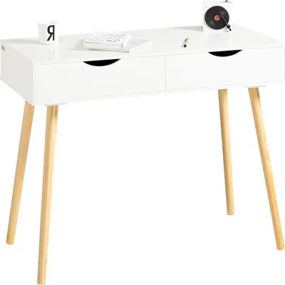 Image de Bureau avec 2 tiroirs, table d'ordinateur/enfant/bureau, blanc, l x h x p 90×77×45 cm