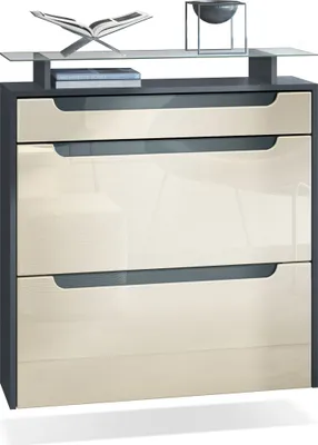 Produktbild von Vladon Schuhschrank Annie, Schuhkipper für 16 Paar Schuhe mit 2 Klappen, 1 Schublade und Glasablage, Anthrazit matt/ Creme Hochglanz, Griffmulden in Grau Hochglanz (89 x 96 x 23 cm)