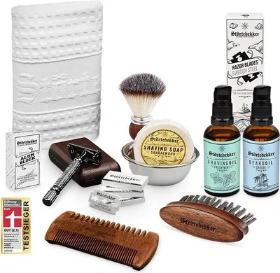 Produktbild von All-in-one Set Rasur & Bart - Rasierhobel Schwarz – Lederetui Café - Rasierset / Bartpflege Set Herren - Geschenkidee Herren - Bartpflegeset